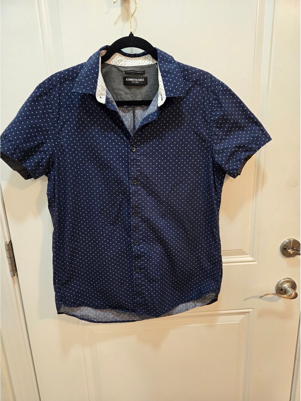 Kenneth Cole New York Men Blue Polka Dot Cotton Short Sleeve Shirt M